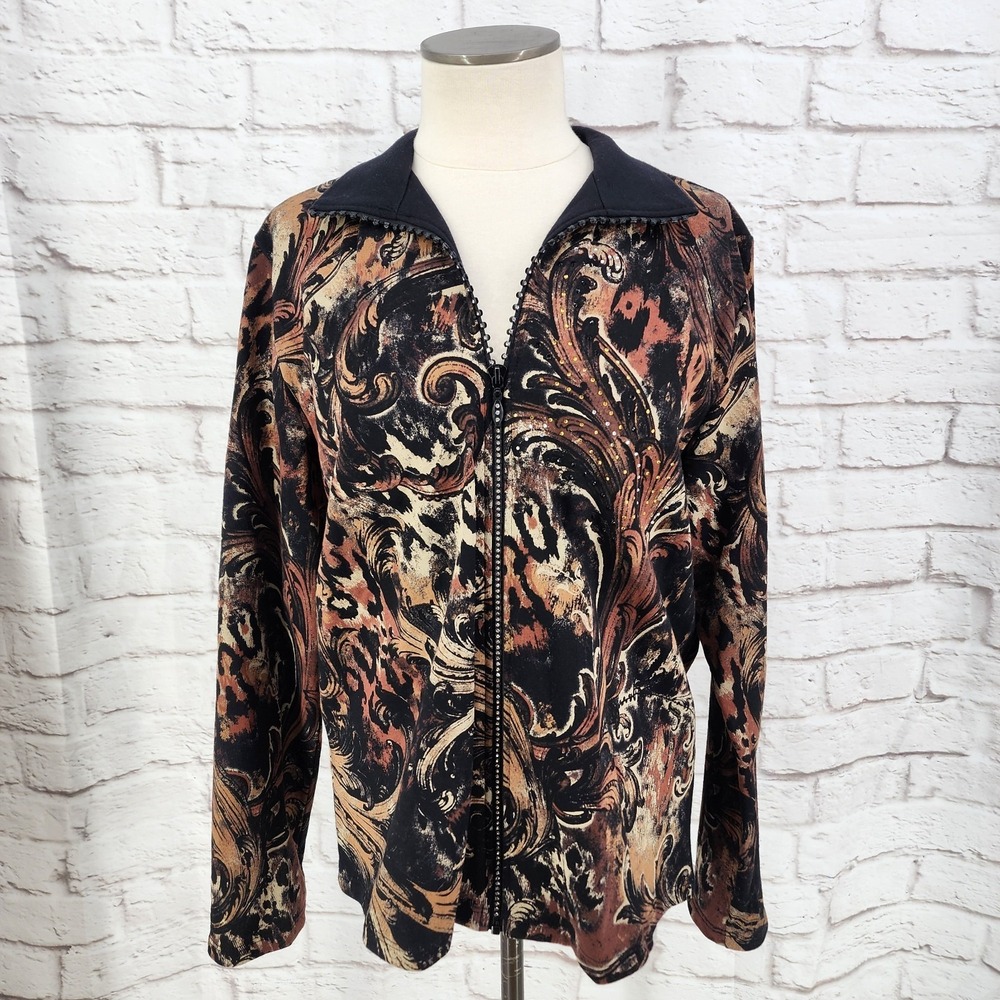 Jess Jane Rhinestone Zip‎ Up Jacket Animal Print Wacky Bold Cruise Walking Large